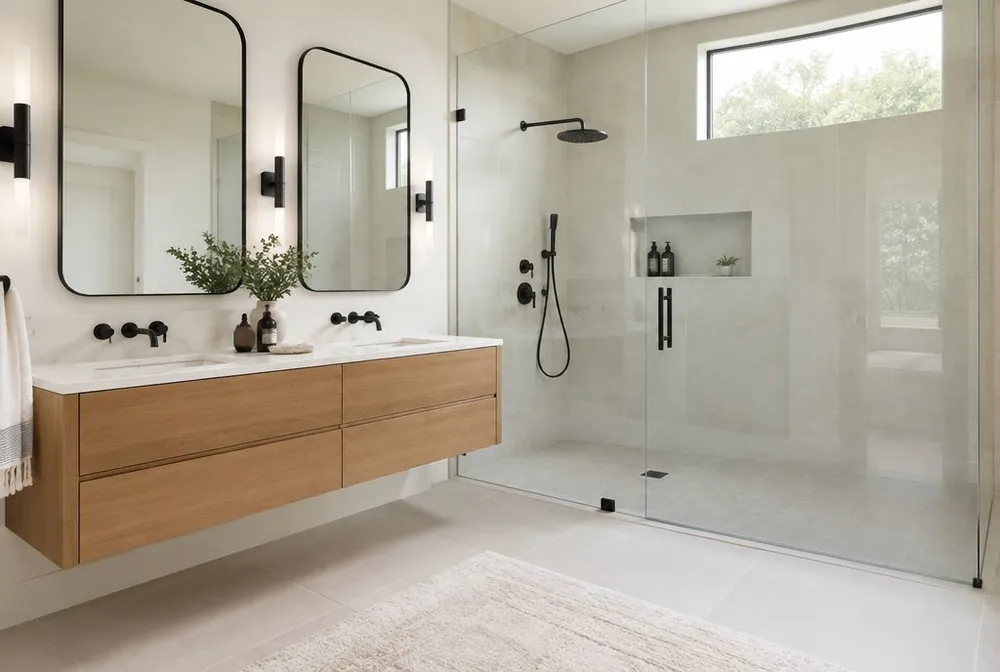 Bathroom with a glass walk-in shower and floating oak vanity
