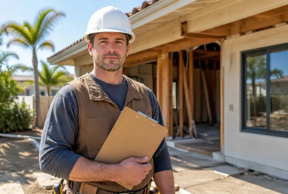 Contractor with a clipboard outside a home under renovation