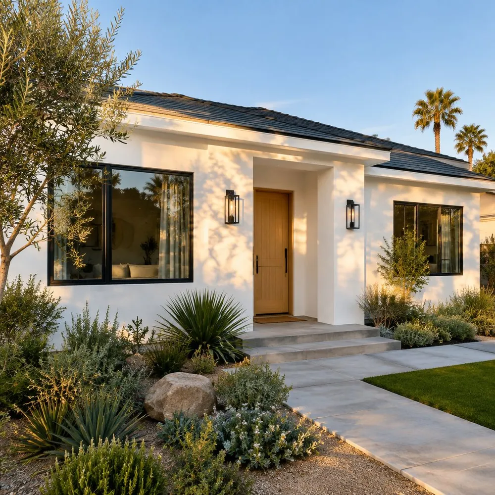 Renovated single-story stucco home with a new oak front door and drought-tolerant landscaping