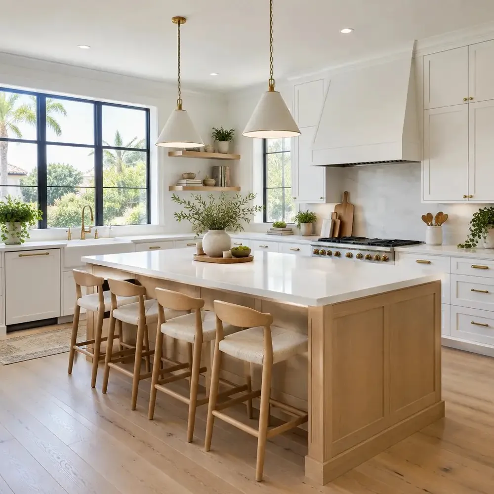 Remodeled kitchen with a white oak island, quartz top, pendant lights and oak floors