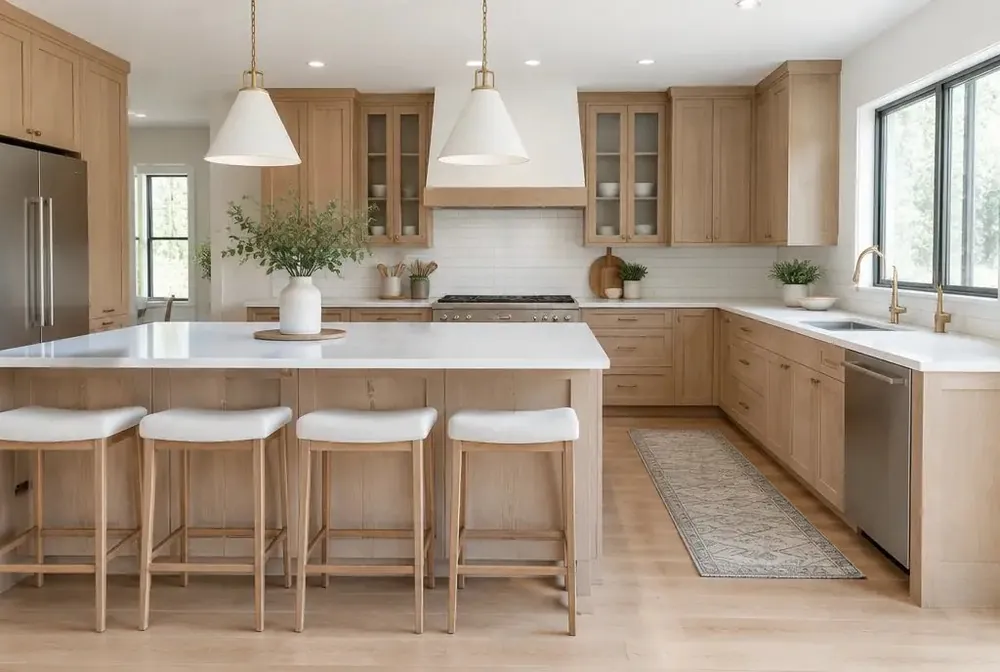 Kitchen with light oak cabinets, white counters and pendant lights