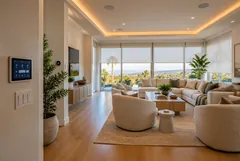 Living room with a smart home wall panel and accent lighting