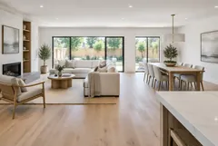 Open-plan living and dining room with oak floors